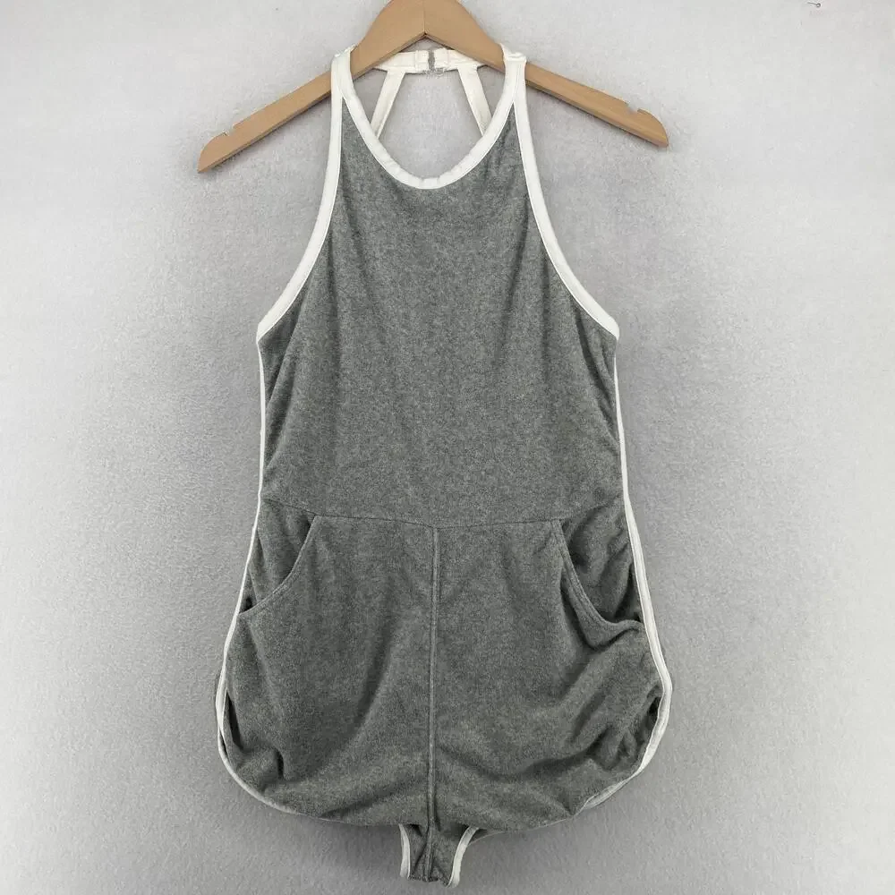 FREE PEOPLE Romper S FP Movement Ringleader Terry Runsie Halter Backless Gray - Picture 3 of 16